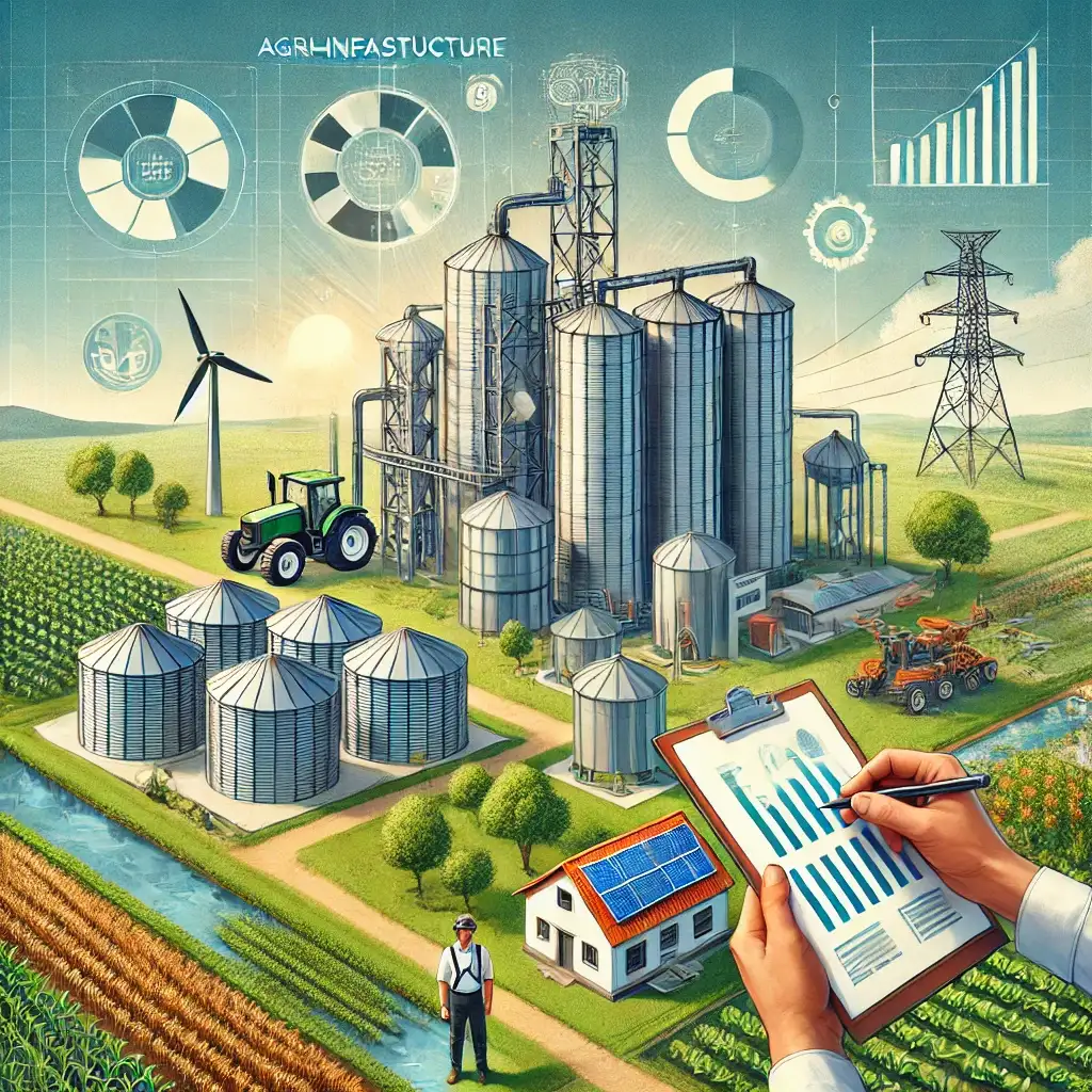 Futuristic farm scene with silos, tractors, wind turbine, and solar panels. Hands hold clipboard with charts. Text reads 