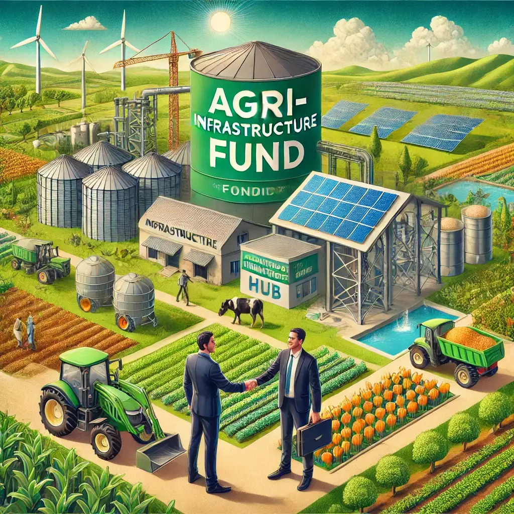 Two men in suits shake hands on a farm with green fields. Silos, solar panels, a tractor, and 