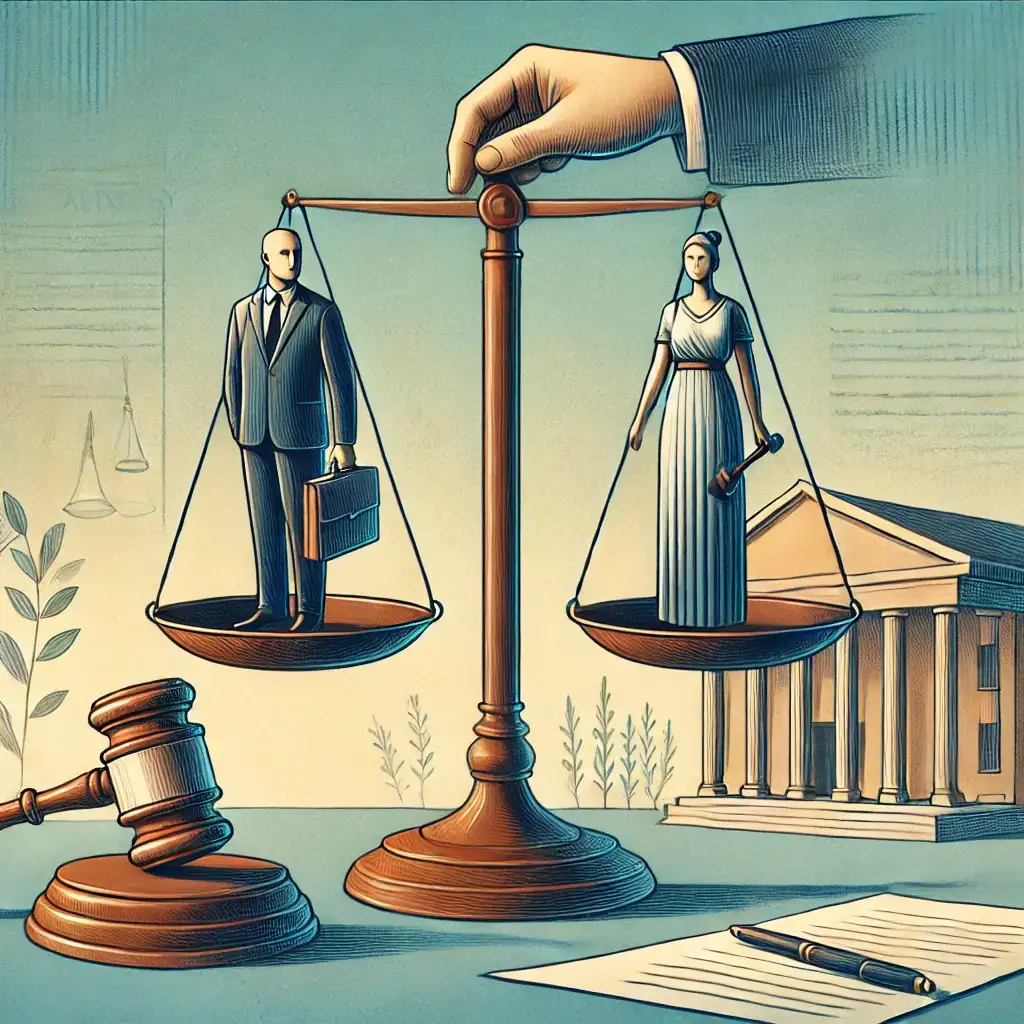 Scales of justice balance a ring and cash over documents labeled