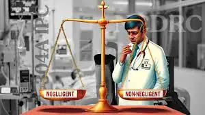 A doctor in a lab coat stands pensively beside a balance scale labeled Negligent and Non-Negligent. Hospital setting with legal text.