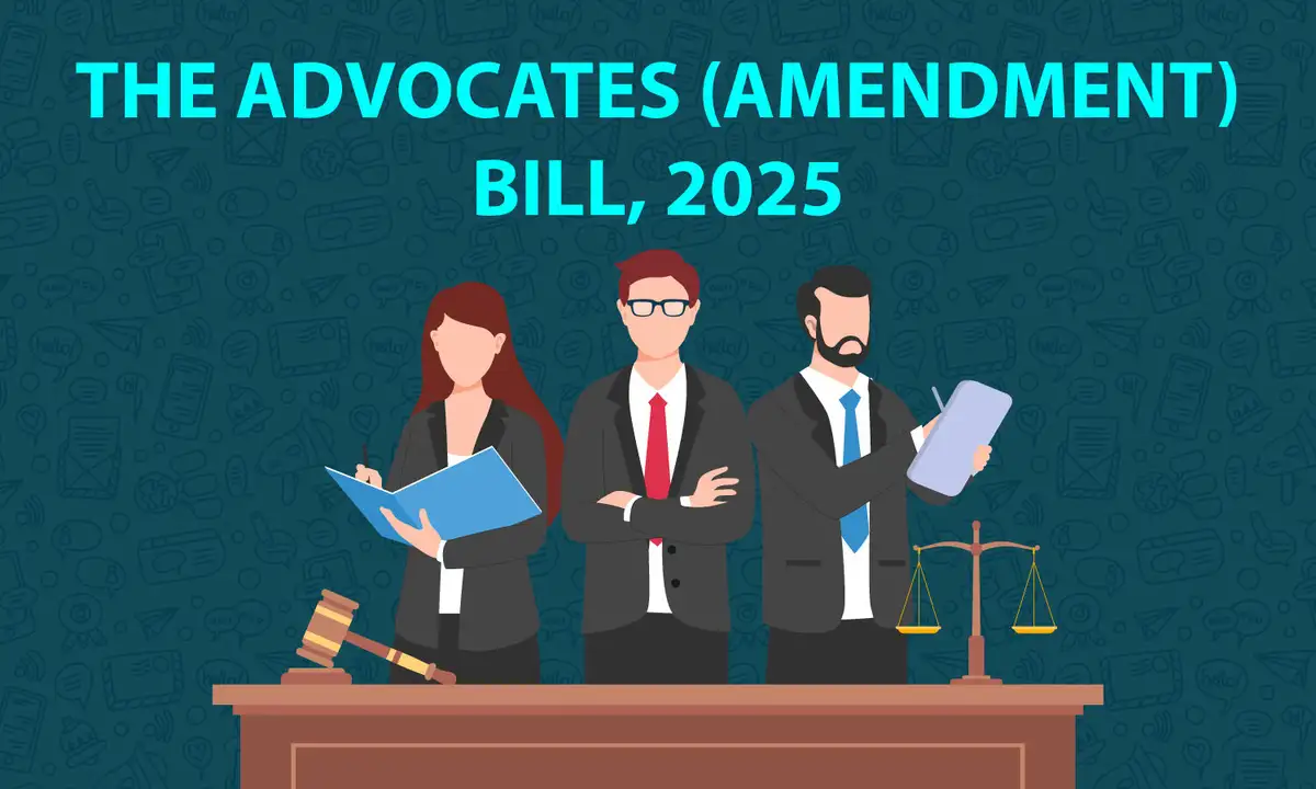 Three business people stand behind a table with a gavel and scale, under text: