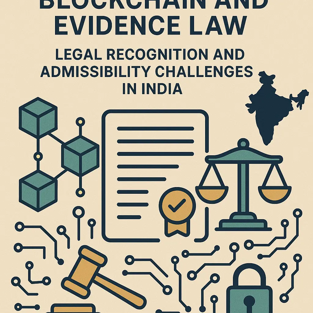 Blockchain symbols, scales, map of India, and legal icons on beige background. Text: 