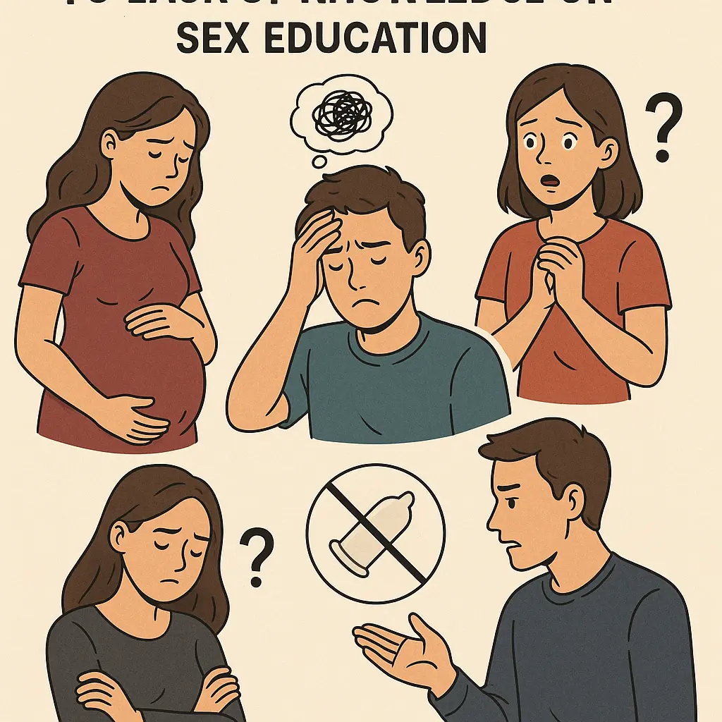People express confusion and concern about sex education. A condom symbol is shown crossed out. Text reads: