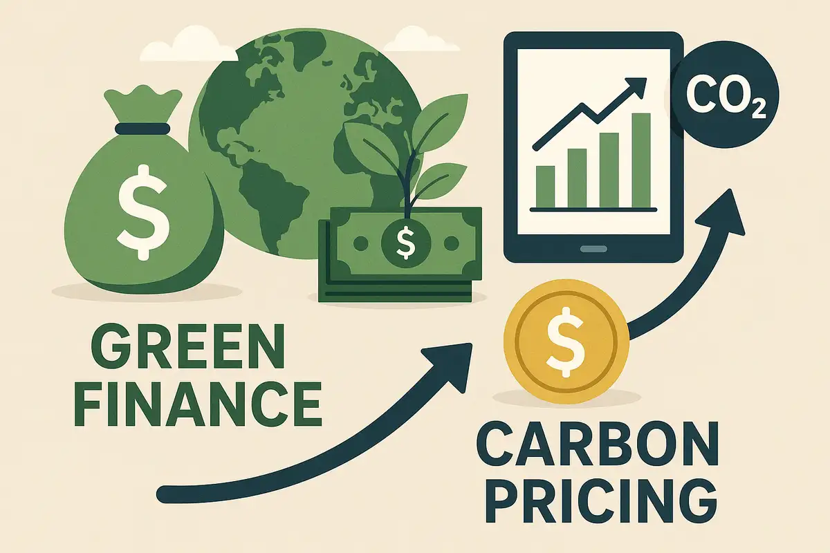 Green finance concept: money bag, earth, growing plant, and tablet with graph, 