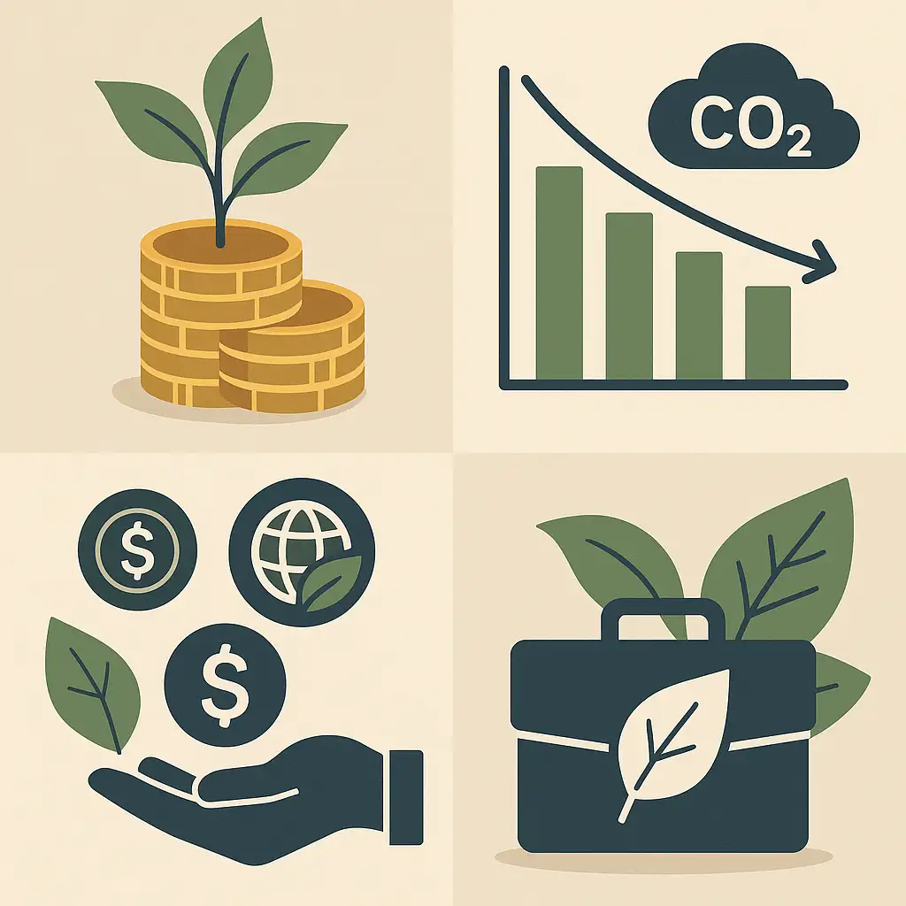 Four eco-themed icons: plant on coins, CO2 graph downwards, hand with icons and leaves, briefcase with leaf. Beige background, green accents.