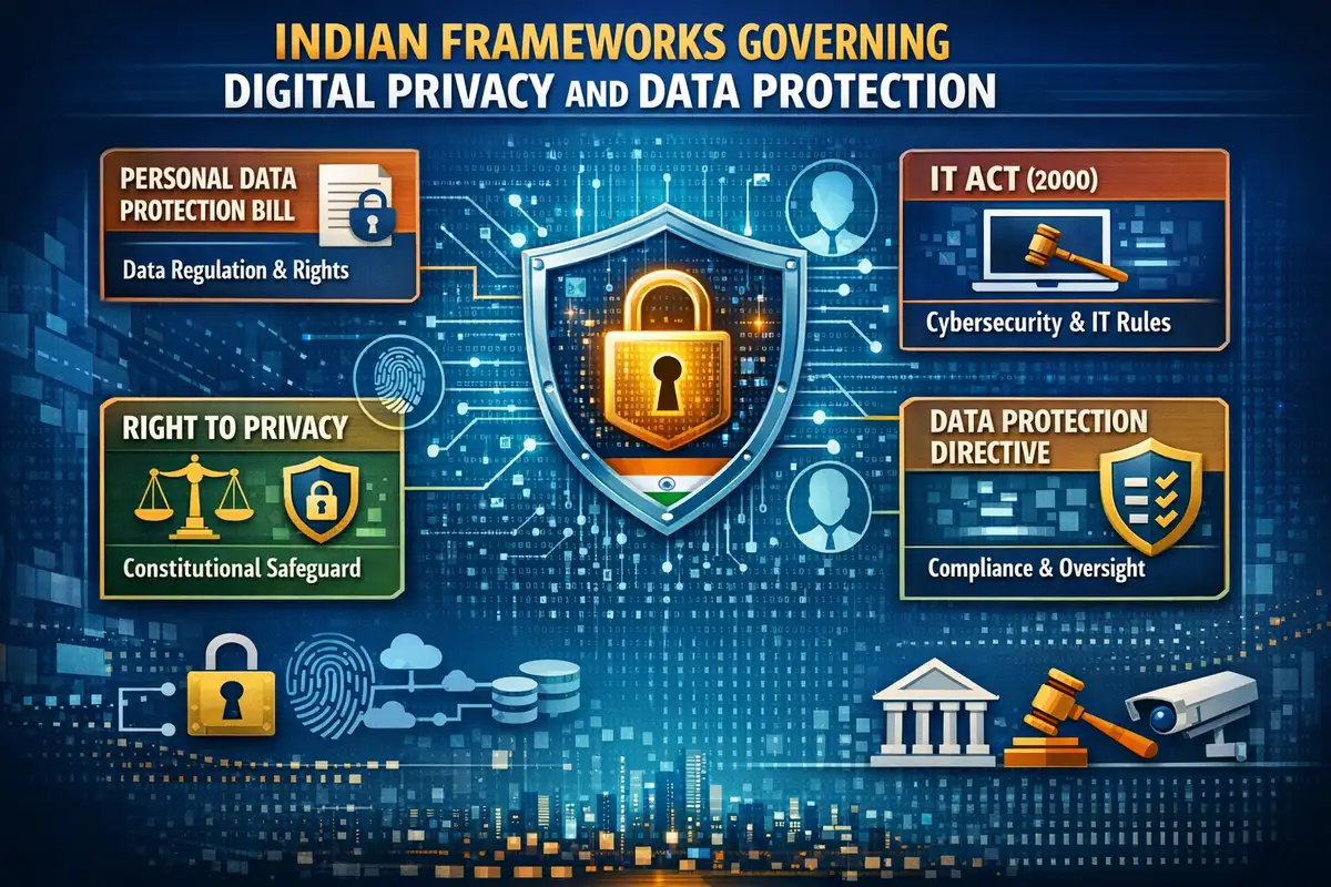 Infographic on Indian digital privacy laws, showing a central shield with a lock, key acts, and a tech-themed blue background with icons.