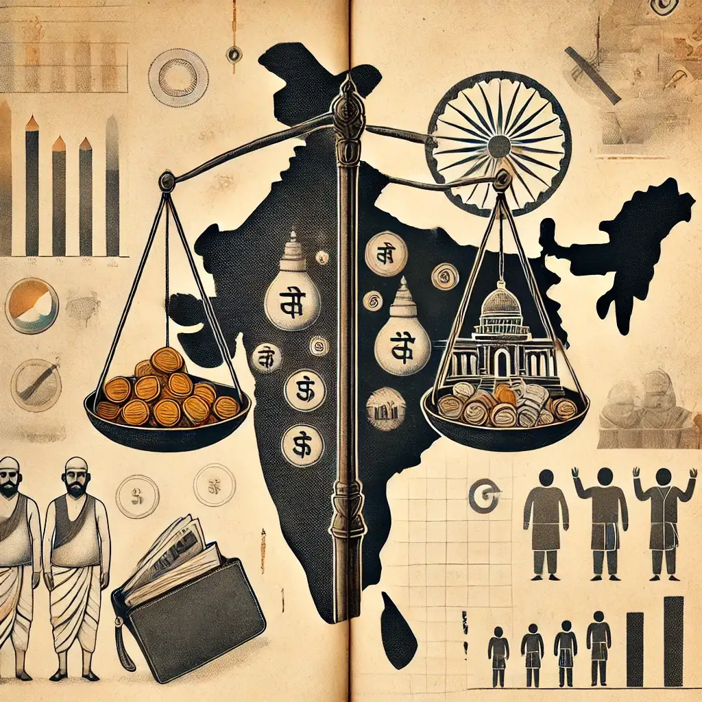 Illustration of India with scales depicting coins and a government building. Features graphs, currency symbols, and figures in traditional dress.