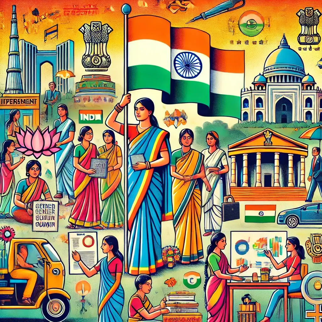 Women in colorful sarees engage in activities amid Indian landmarks, holding the Indian flag. Background includes iconic structures and symbols.