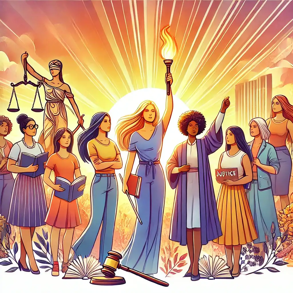 Women of diverse backgrounds stand united holding books and a torch, with Lady Justice and sunrise behind them.