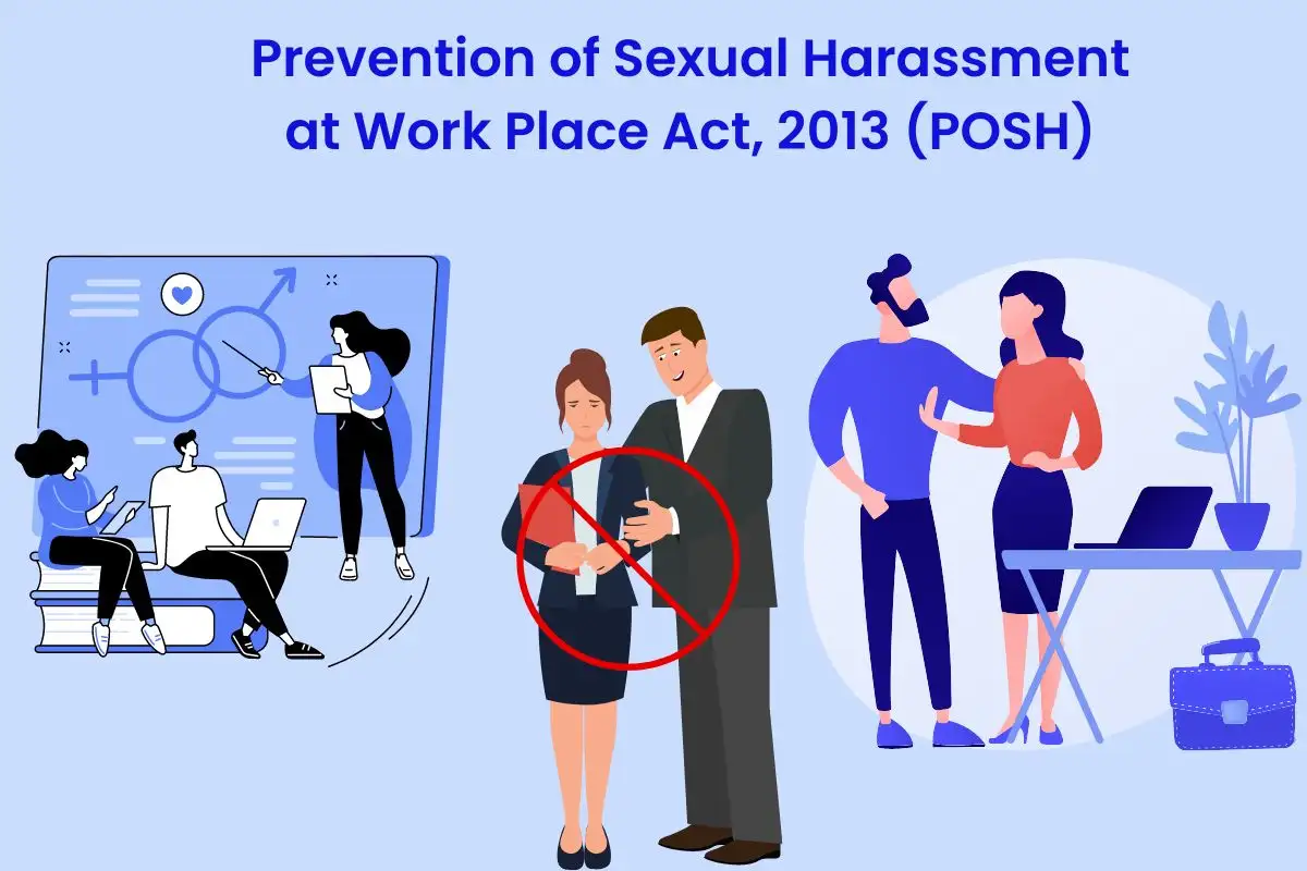 Illustration on sexual harassment prevention: includes symbols and people at work with a no symbol. Text: