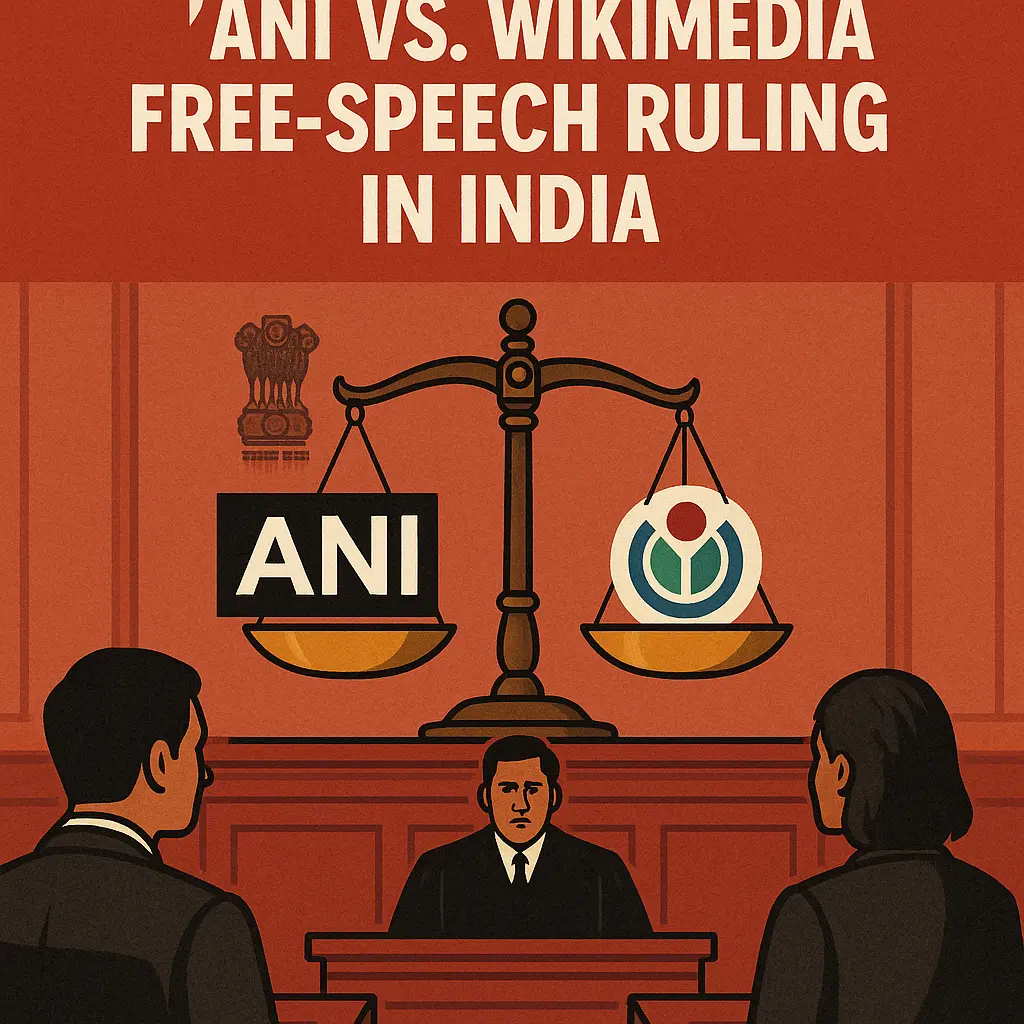 Courtroom scene with scales of justice labeled ANI and Wikimedia. Text reads 