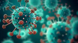 Close-up view of teal and red spiky virus particles floating against a dark green background, illustrating a scientific concept.