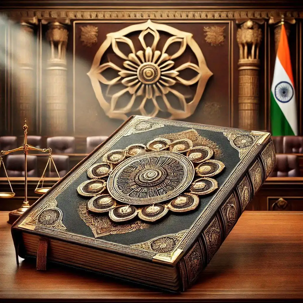 Elaborate book with a gold design on a wooden table. Background shows a scale, emblem, and Indian flag in an ornate room.