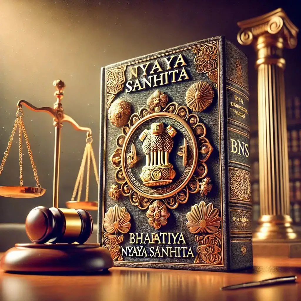 Lady Justice statue with scales, surrounded by people in a courtroom. Indian flag colors and