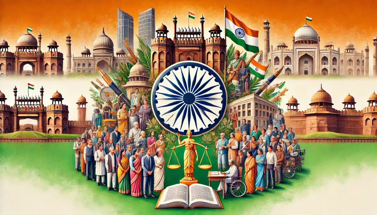 Diverse group encircles the Ashoka Chakra, with books and Lady Justice. Indian landmarks in the background, flags waving. Celebratory mood.