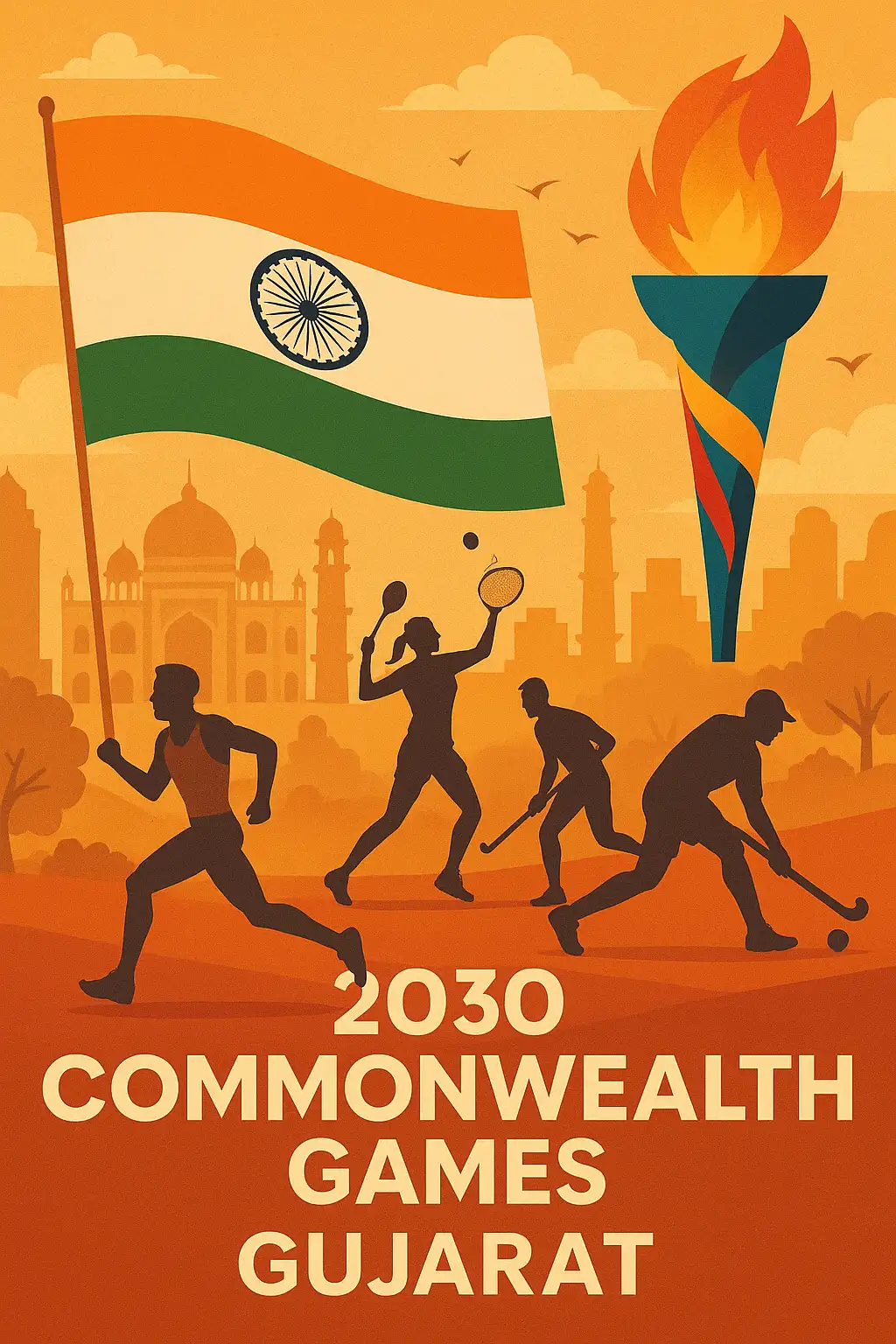 Athletes playing sports with an Indian flag and torch. Orange sunset backdrop with historic landmarks. Text: 