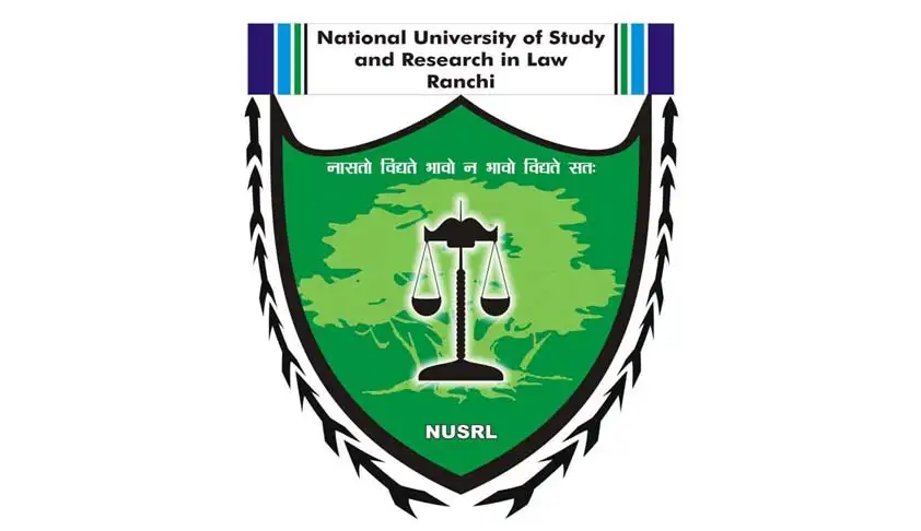 Shield-shaped logo of National University of Study and Research in Law, Ranchi. Features scales of justice, green background, and text in Hindi.