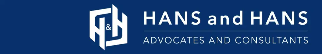 Blue logo for HANS and HANS Advocates and Consultants with white text and geometric emblem on the left, conveying professionalism.
