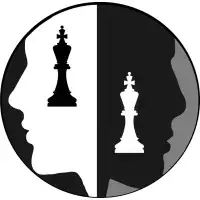 Silhouettes of two faces in profile, one black and one white, with a chess king piece in the center; a contrasting, strategic theme.