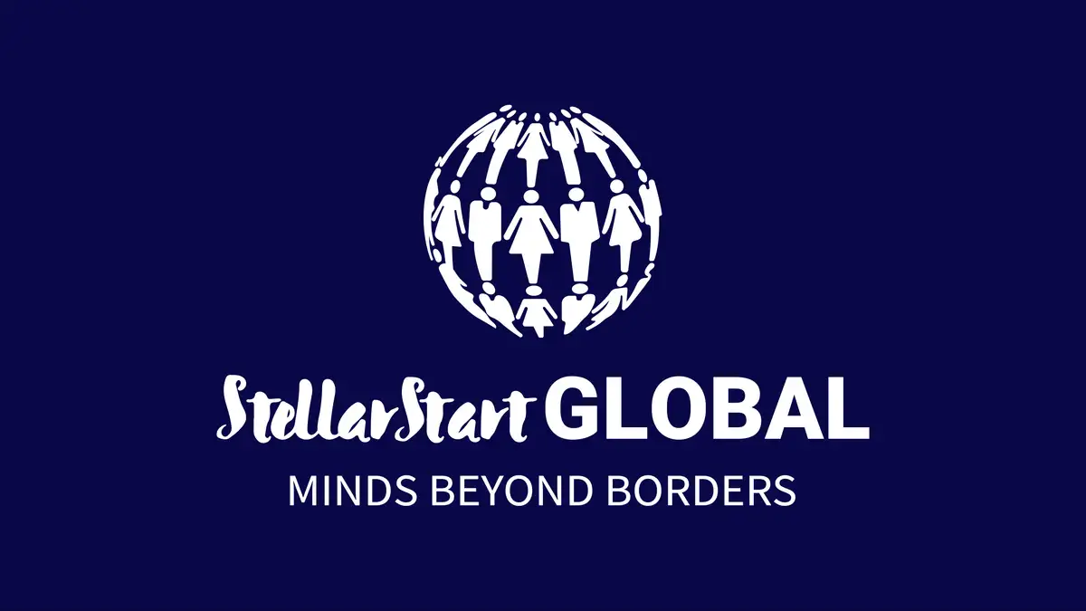 White globe made of figures on a navy background. Text: