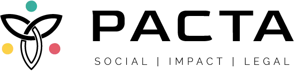 Logo with the text PACTA, featuring a stylized leaf design. Below, it reads SOCIAL | IMPACT | LEGAL, with colorful dots around the leaf.