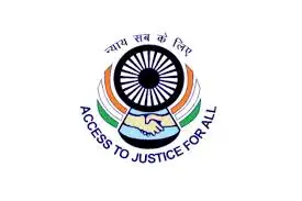 Emblem with Ashoka Chakra, tricolor arcs, and shaking hands. Text: