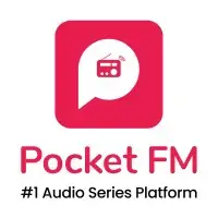 Red Pocket FM logo with a speech bubble containing a radio. Text reads: Pocket FM, #1 Audio Series Platform. Background is white.