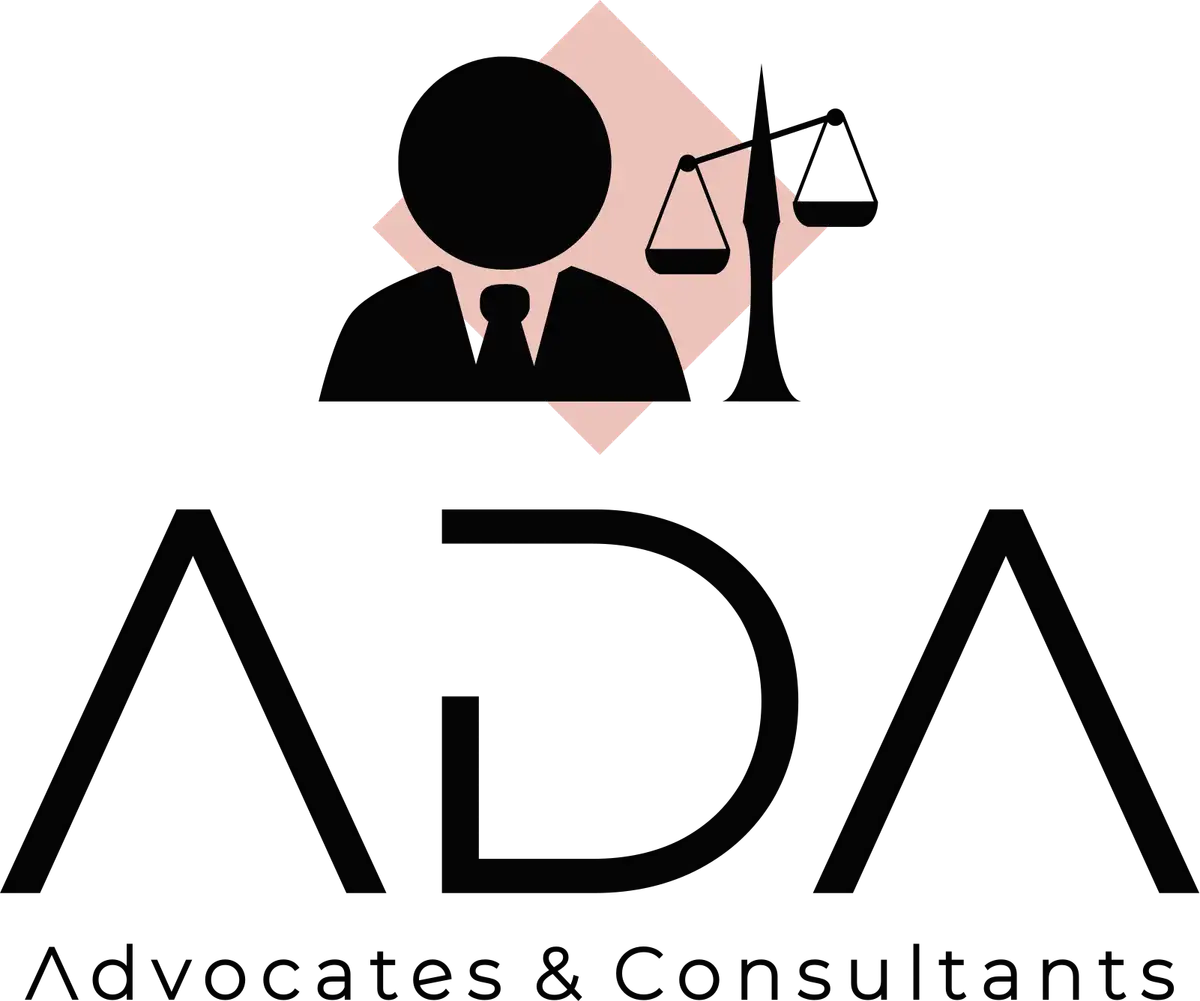 Silhouette of a person with scales over a pink diamond, text below reads ADA, Advocates & Consultants. Minimalist and professional design.