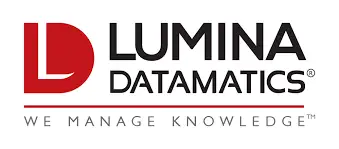 Red and black Lumina Datamatics logo with text