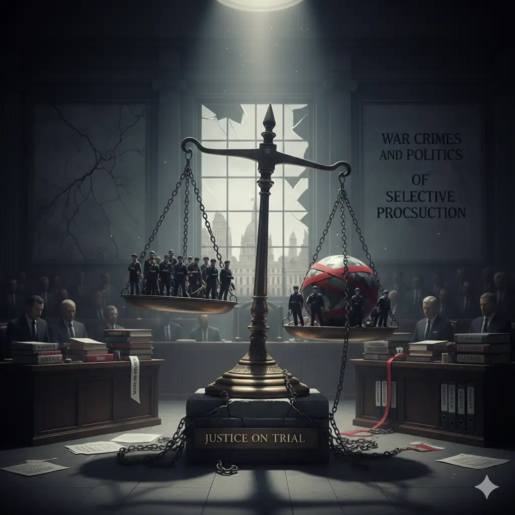 Scales with miniature figures and a wrapped globe in a shadowy courtroom. Background text: 