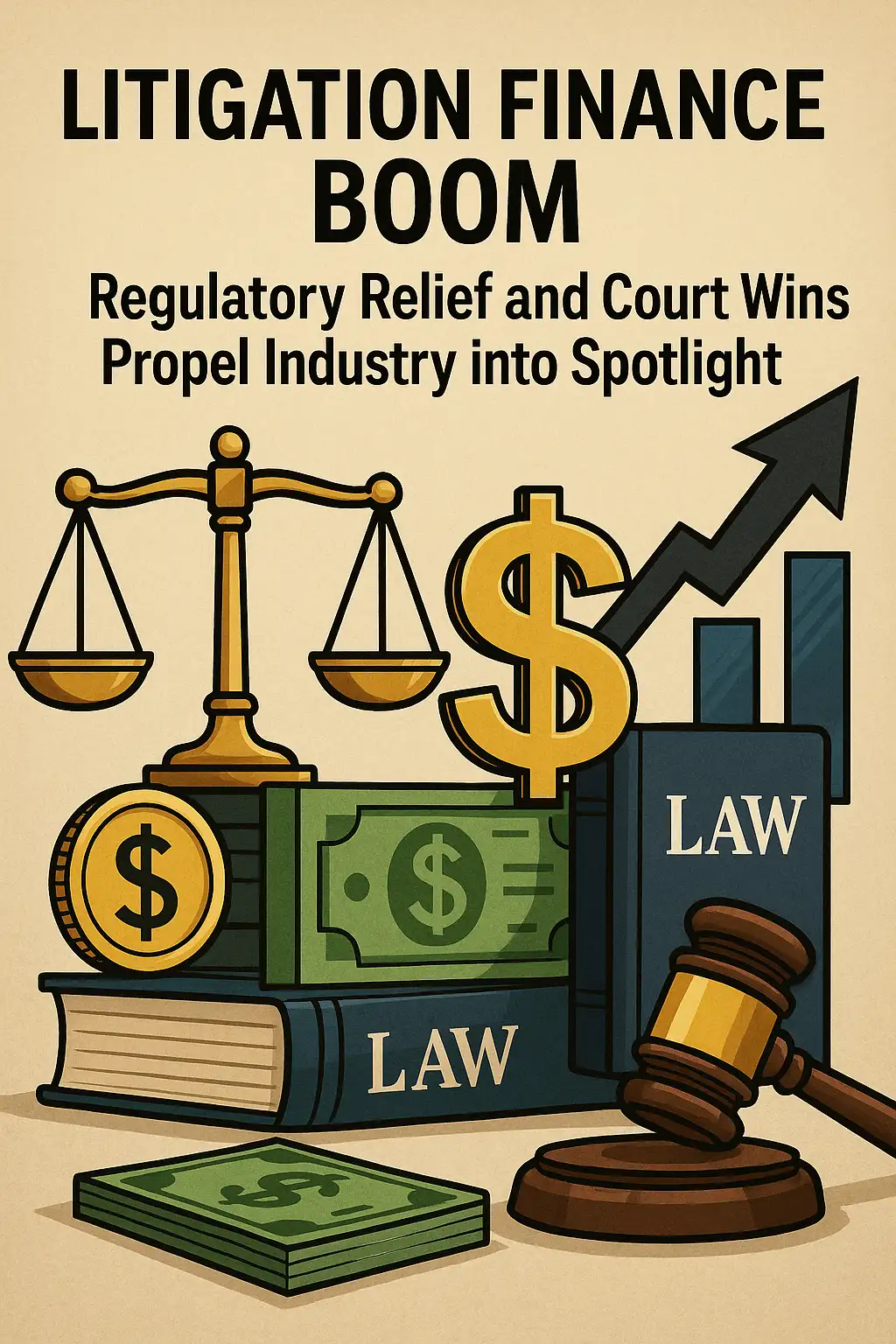 Scales, dollar signs, law books, and a gavel symbolize litigation finance. Text reads: 