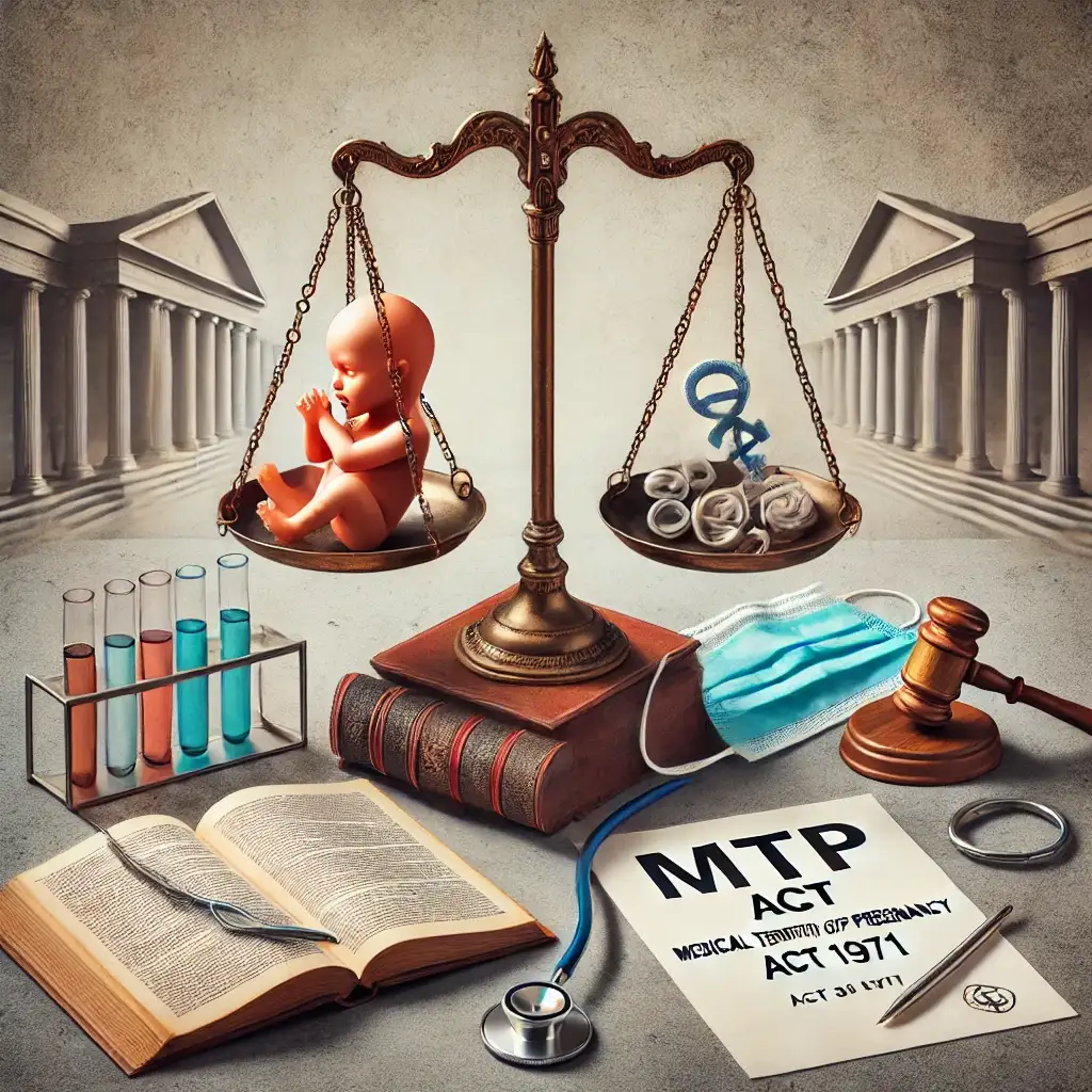 Scales balance a baby and symbols, with books, test tubes, a stethoscope, and
