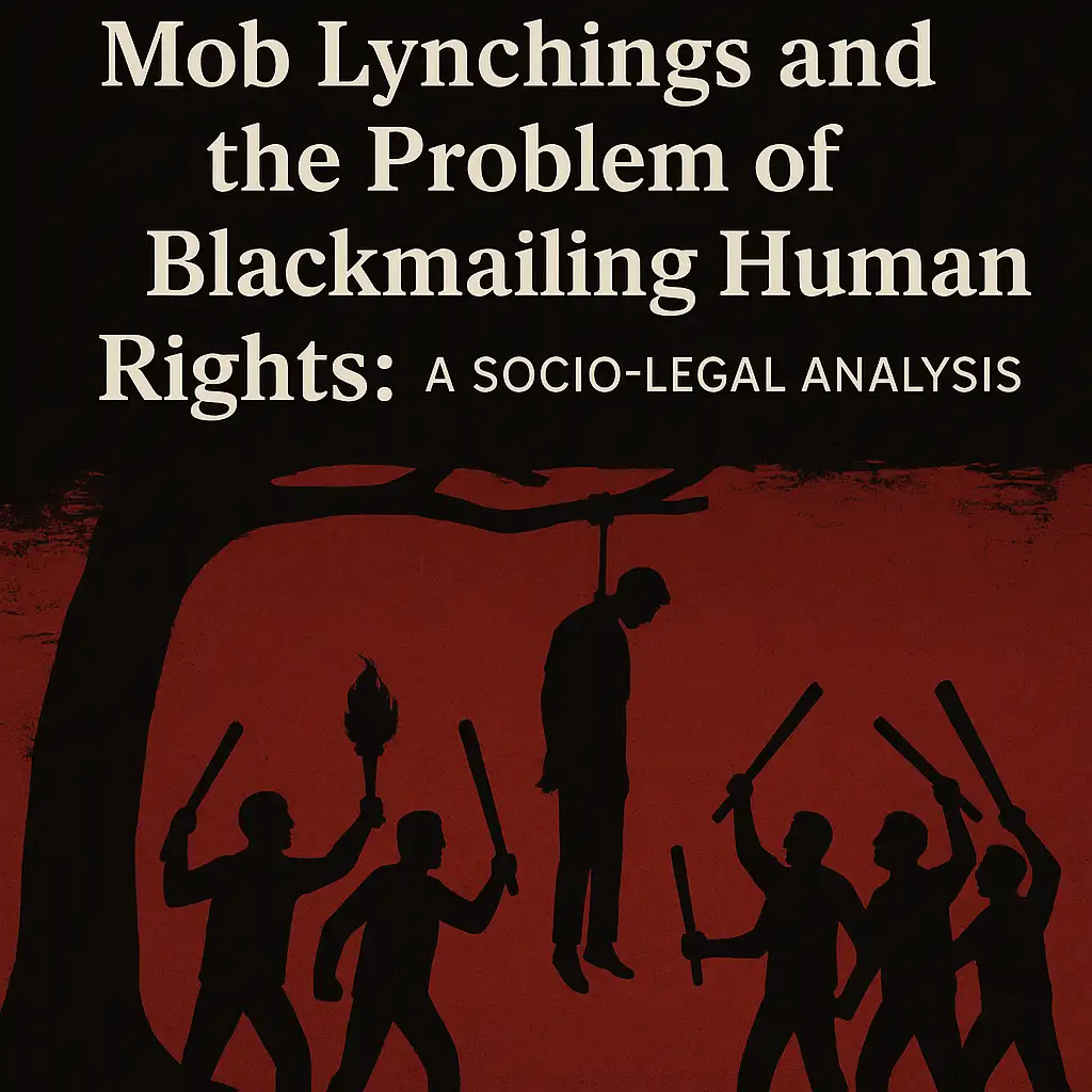 Silhouettes holding weapons surround a hanged figure on a red background. Text reads Mob Lynchings and the Problem of Blackmailing Human Rights.