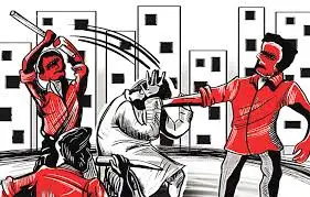 Abstract illustration shows three figures in red and black involved in a conflict in an urban setting with buildings. Dynamic, tense mood.