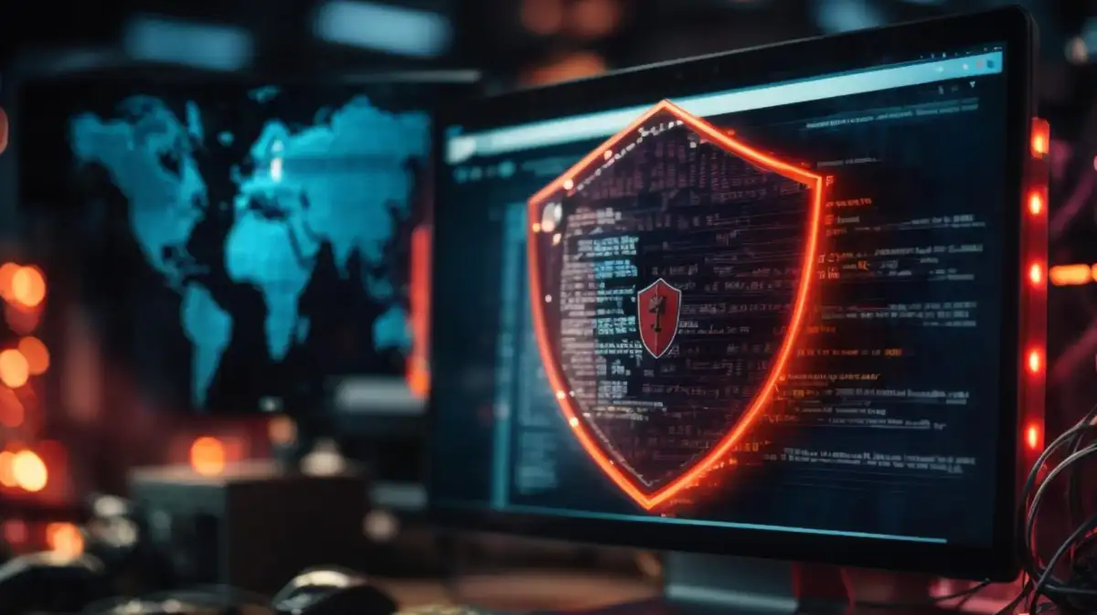 Computer screen with glowing red shield icon, displaying code. Background shows a blue world map on another screen. Dimly lit tech setting.