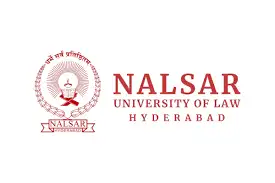 NALSAR University of Law Hyderabad logo in red with an emblem featuring scales of justice and laurel, on a white background.