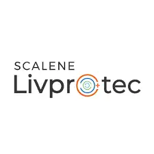 Logo with text: Scalene Livprotec. The 'o' is styled with concentric circles in blue and orange. Background is white.