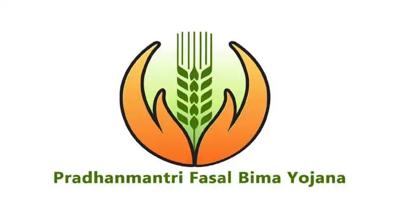 Logo of Pradhanmantri Fasal Bima Yojana with green wheat and orange protective hands. Text below reads 