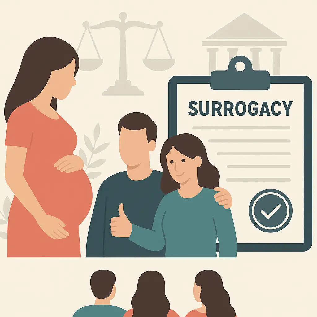Pregnant woman with a couple in front of a surrogacy document. Scales and building icon in the background. Mood is supportive.