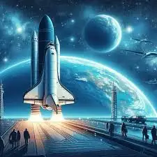 A space shuttle launches from a platform with a crowd watching. Earth and a planet are visible in the starry sky, creating a futuristic mood.