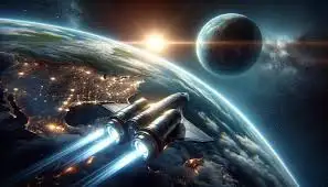 A spaceship flies over Earth with bright thrusters against a starry sky, a distant planet, and a sunrise, creating a sense of exploration.