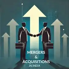 Two silhouetted businessmen with briefcases shake hands, surrounded by upward arrows. Text: Mergers & Acquisitions in India. Blue background.