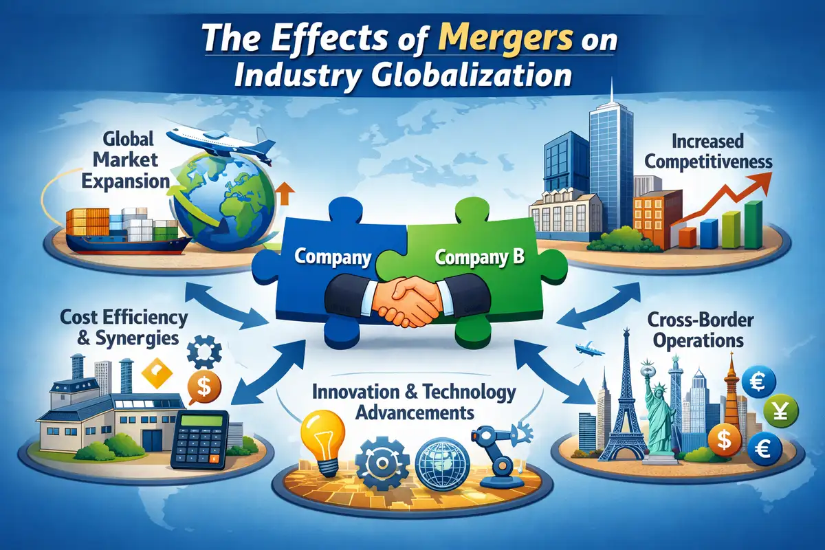 Puzzle pieces labeled Company A and B handshake, surrounded by graphs, globe, and icons, depicting globalization effects of mergers.