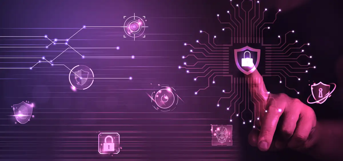 A hand touches a digital lock icon on a purple, tech-themed background with circuit patterns, symbolizing cybersecurity.
