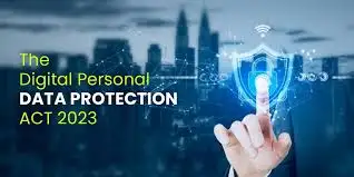 Finger touches digital shield icon on screen, symbolizing data protection. Text reads: The Digital Personal Data Protection Act 2023. Cityscape in background.
