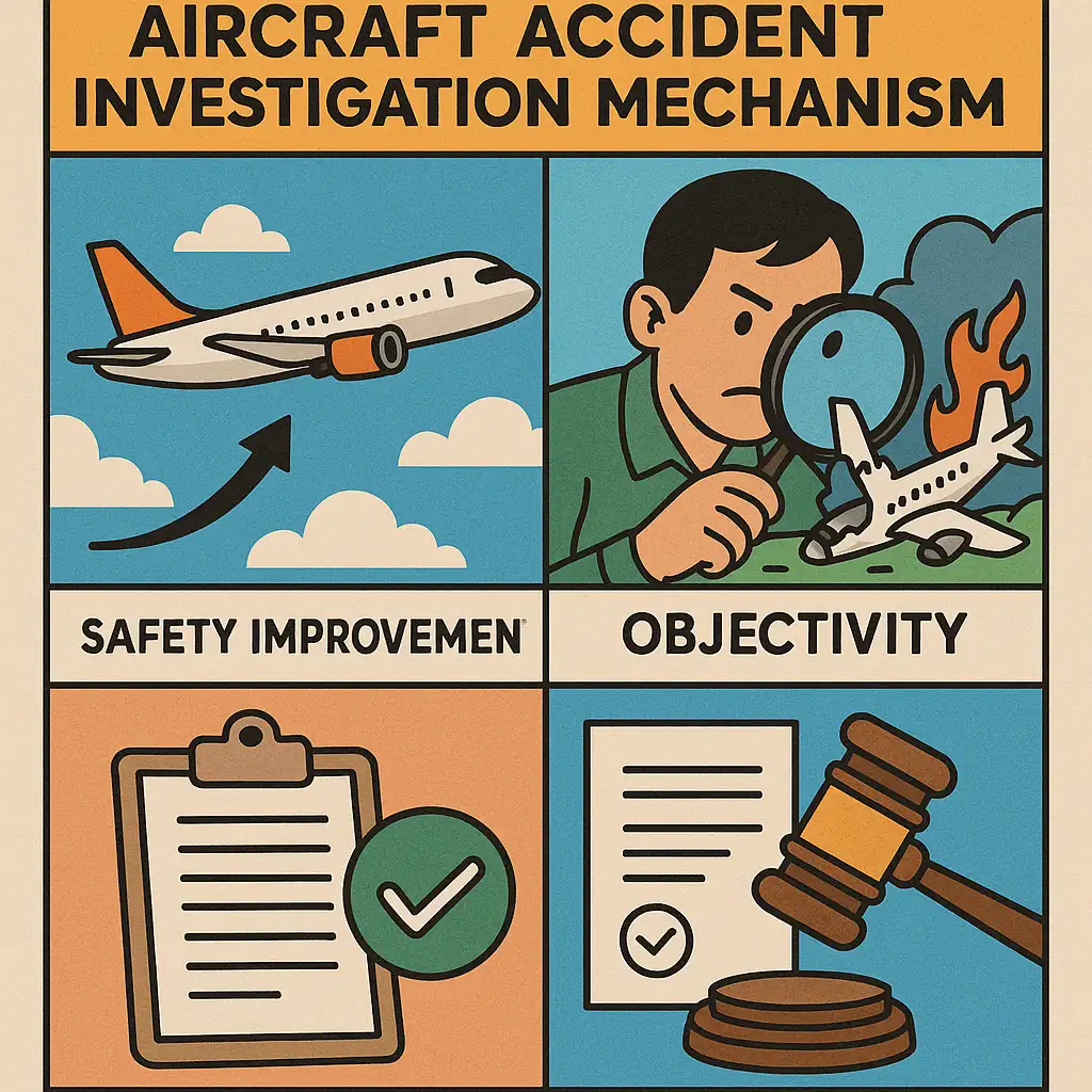 Illustration on aircraft accident investigation includes a flying plane, investigator with a plane crash scene, checklist, and gavel.