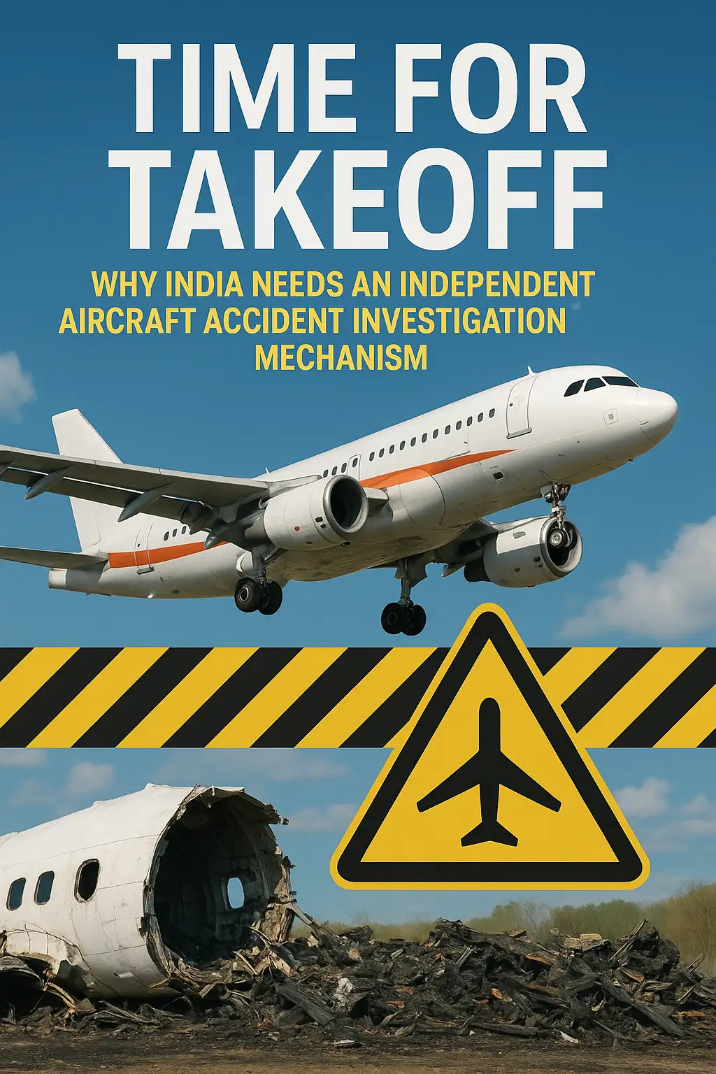 Airplane flying above a blue sky; wreckage on the ground. Text reads: 