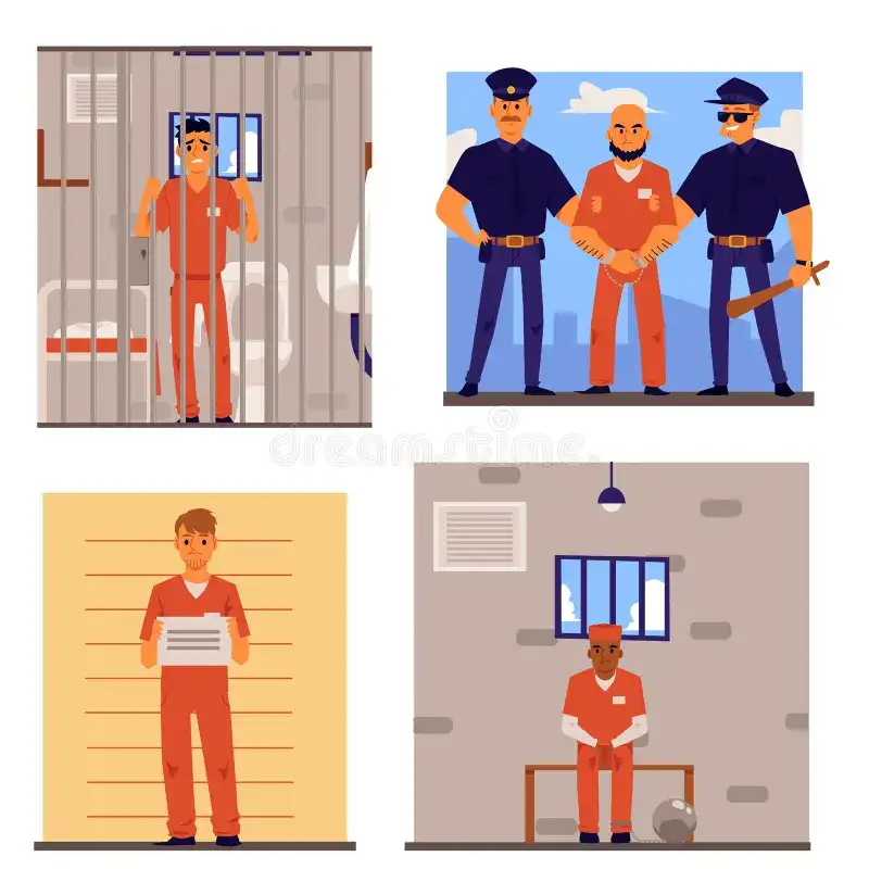 Four panels: inmates in prison attire, one behind bars, one with handcuffs between officers, one holding a sign, and one sitting in a cell.