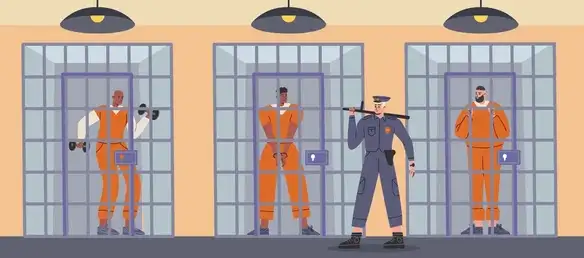 A guard stands in front of three prisoners in orange jumpsuits inside cells. Dim lighting, gray bars, and a peach-colored wall set the scene.