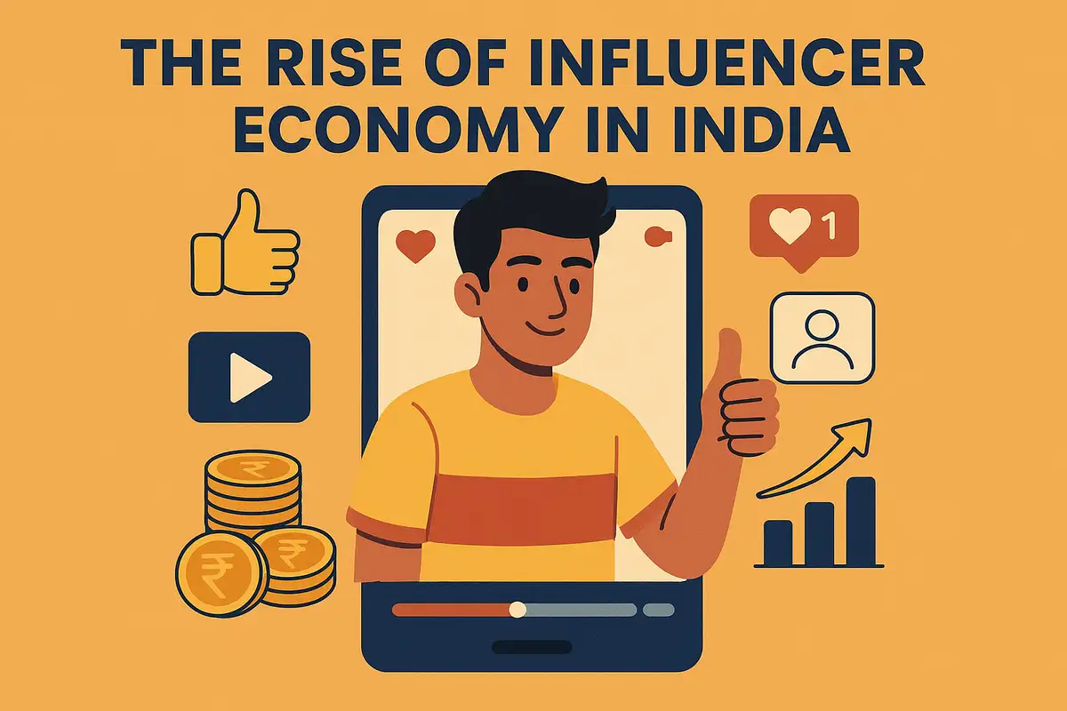 Person giving thumbs up on phone screen, surrounded by icons: likes, coins, growth graph. Text: 
